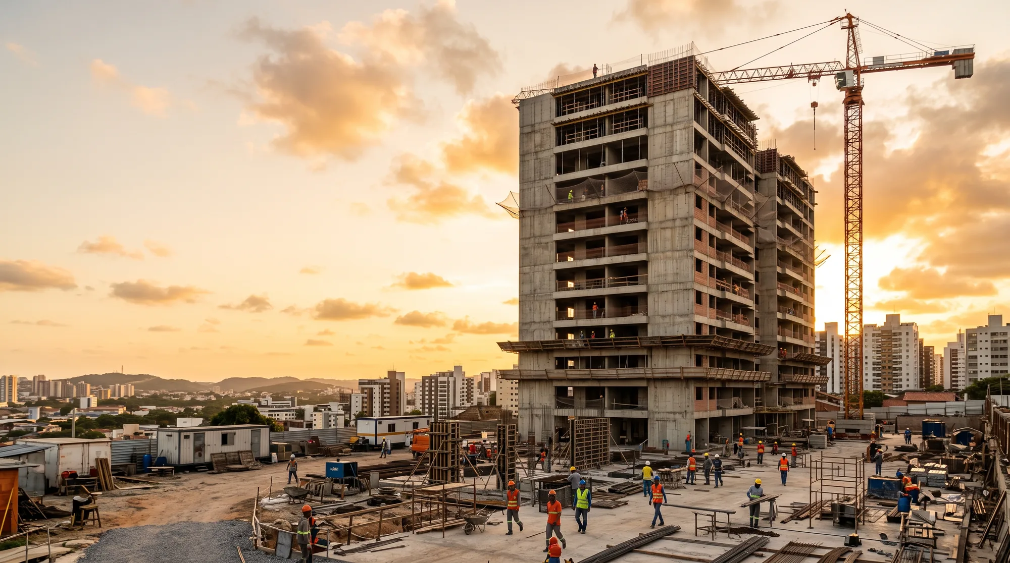 Canteiro de obra de um edifício em construção ao entardecer