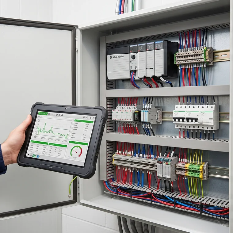 Painel de automação predial com CLP e tablet de monitoramento