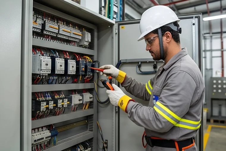 Eletricista trabalhando em quadro elétrico industrial