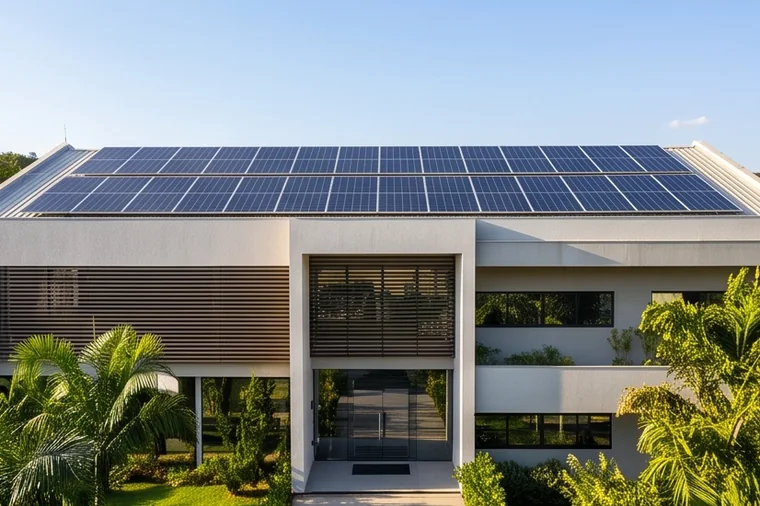 Painéis solares no telhado de um edifício
